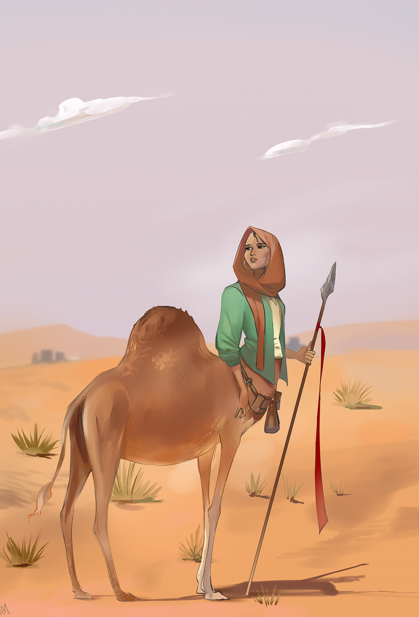 bag belt building camel camelid clothing cloud desert dune ear_piercing female headscarf koorubbu mammal melee_weapon piercing plant polearm shirt sky solo spear taur weapon