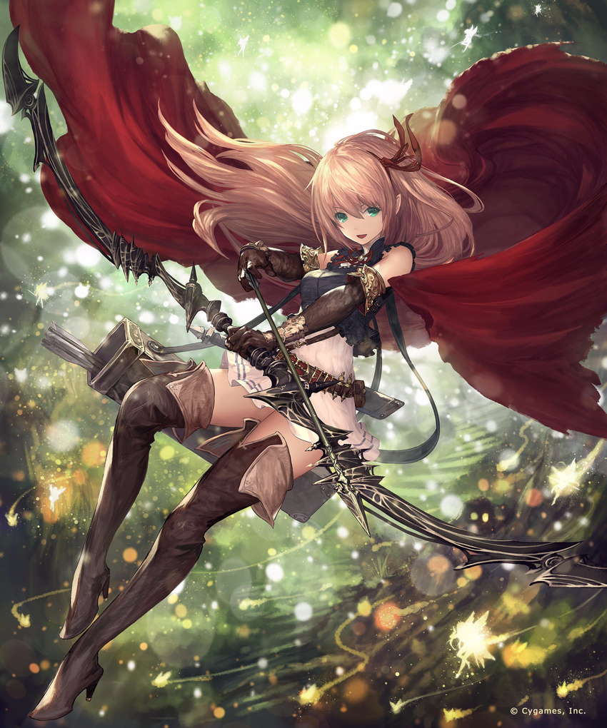 :d absurdres arisa_(shadowverse) arrow bare_shoulders belt black_gloves blonde_hair boots bow_(weapon) brown_footwear brown_legwear cape commentary_request dress elbow_gloves elf full_body gloves green_eyes hair_ribbon high_heel_boots high_heels highres holding holding_weapon long_hair looking_at_viewer official_art open_mouth pointy_ears quiver red_ribbon ribbon shadowverse smile solo tachikawa_mushimaro thigh_boots thighhighs weapon zettai_ryouiki