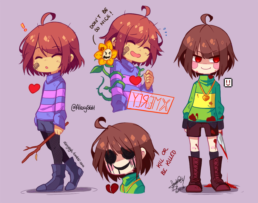 2others ahoge androgynous anger_vein ankle_boots bandaid bandaid_on_face black_blood blood blood_on_face bloody_clothes bloody_knife bloody_tears blush_stickers boots broken_heart brown_hair chara_(undertale) closed_eyes dripping english evil_smile flower flowey_(undertale) frisk_(undertale) gameplay_mechanics heart heart_necklace kneehighs knife leggings messy_hair multiple_others open_mouth red_eyes sandragh shaded_face shorts smile spoilers stick striped striped_sweater sweater thorns twitter_username undertale watermark web_address