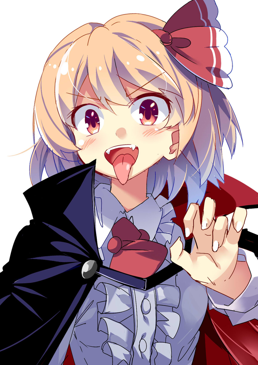 :d ascot blonde_hair blush breasts cape claw_pose collared_shirt dress_shirt e.o. fangs frilled_shirt frills hair_ribbon halloween highres medium_breasts open_mouth red_eyes ribbon rumia shirt short_hair smile solo tongue tongue_out touhou v-shaped_eyebrows vampire_costume