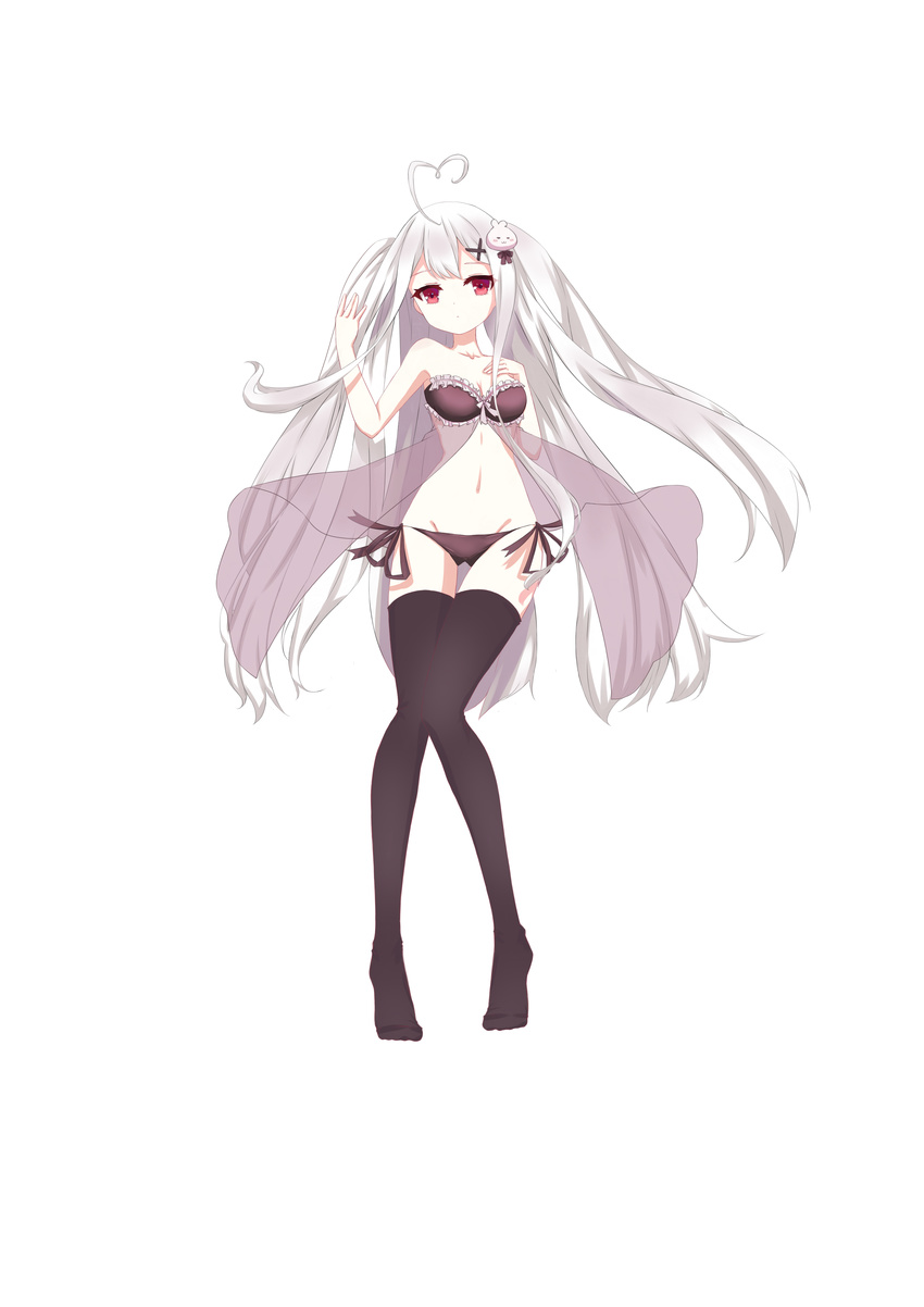 absurdres ahoge ass_visible_through_thighs black_bra black_legwear black_panties bra bunny_hair_ornament chinese commentary groin hair_ornament heart_ahoge highres niliu_chahui original panties silver_hair simple_background solo thighhighs tokisaki_mio underwear white_background