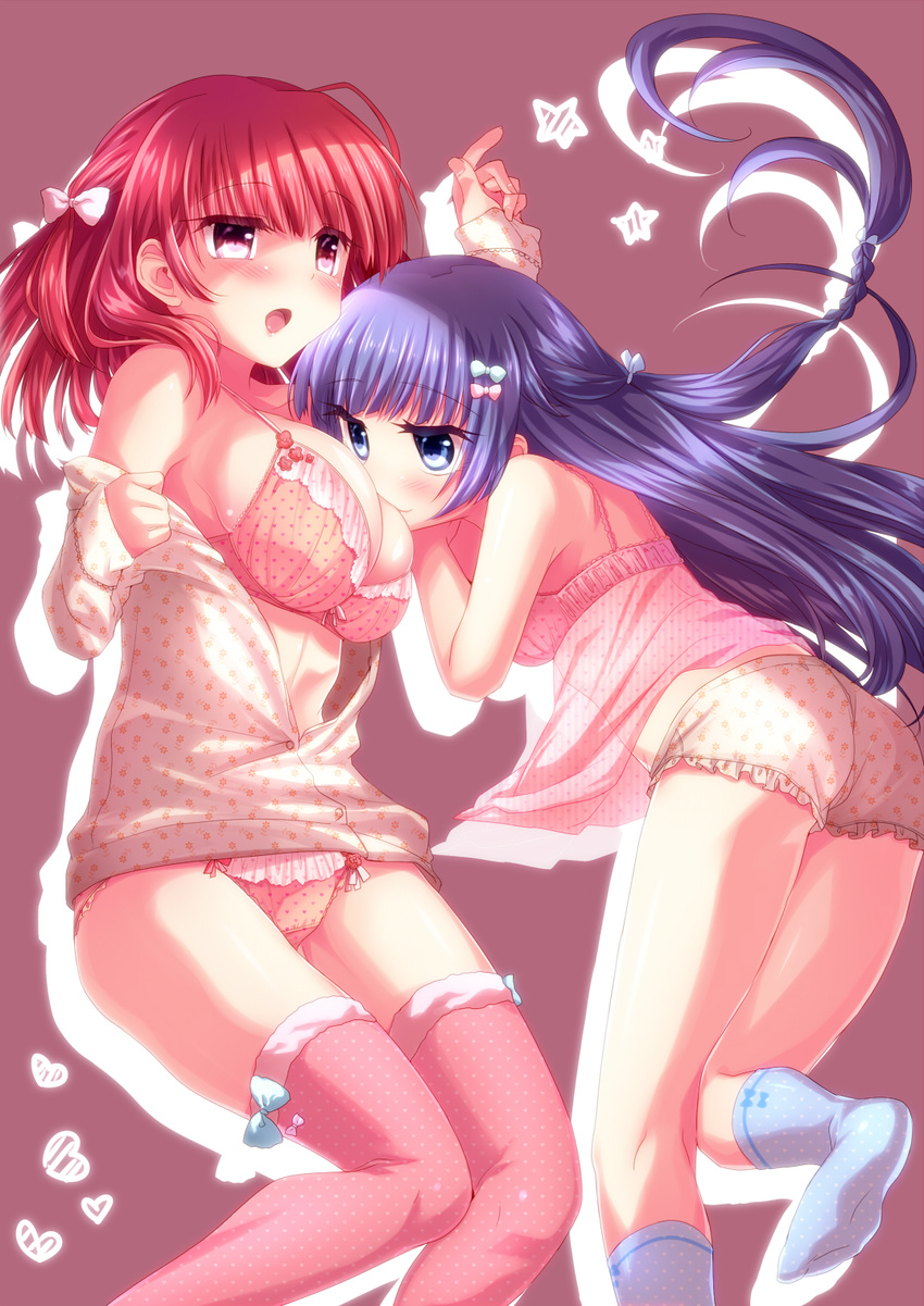 alfred blue_eyes blue_hair bow bra breasts brown_background cleavage collarbone eyebrows eyebrows_visible_through_hair frilled_bra frilled_panties frills hair_bow highres large_breasts long_hair multiple_girls open_mouth original panties pink_eyes pink_legwear red_hair see-through star thighhighs underwear yuri