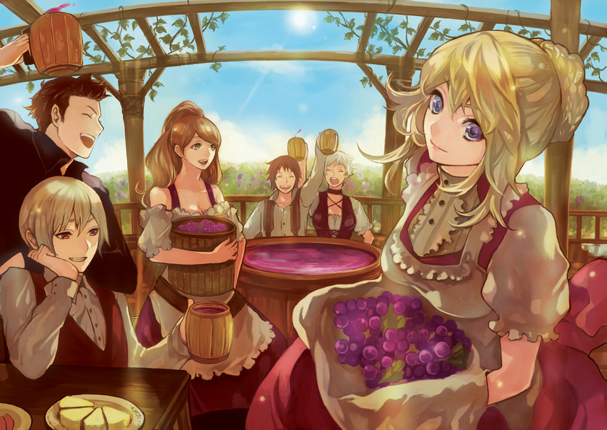 blonde_hair blue_eyes breasts brown_hair cleavage clouds drink food fruit green_eyes group kochimo leaves long_hair male original ponytail red_eyes short_hair sky white_hair