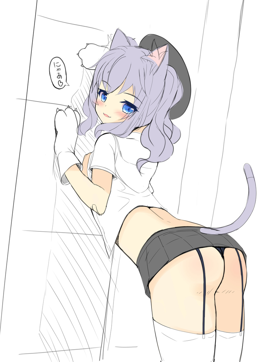 :d absurdres against_wall alternate_costume animal_ears arms_up ass beret black_hat black_panties black_skirt blue_eyes blush breast_press breasts cat_ears cat_tail eyebrows eyebrows_visible_through_hair from_behind garter_straps gloves hat heart highres kantai_collection kashima_(kantai_collection) kemonomimi_mode lavender_hair leaning_forward legs_together looking_at_viewer looking_back medium_breasts miniskirt natsumiya_yuzu open_clothes open_mouth open_shirt panties pantyshot pantyshot_(standing) paw_gloves paws shirt sideboob sketch skirt smile solo speech_bubble standing tail tail_through_clothes thighhighs translated twintails underwear wavy_hair white_legwear white_shirt work_in_progress