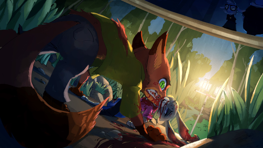 anthro blood canine caprine clothed clothing dawn_bellwether death disney eyewear female feral fox glasses gore group hi_res judy_hopps lagomorph male mammal nick_wilde rabbit ruffu sheep wounded zootopia