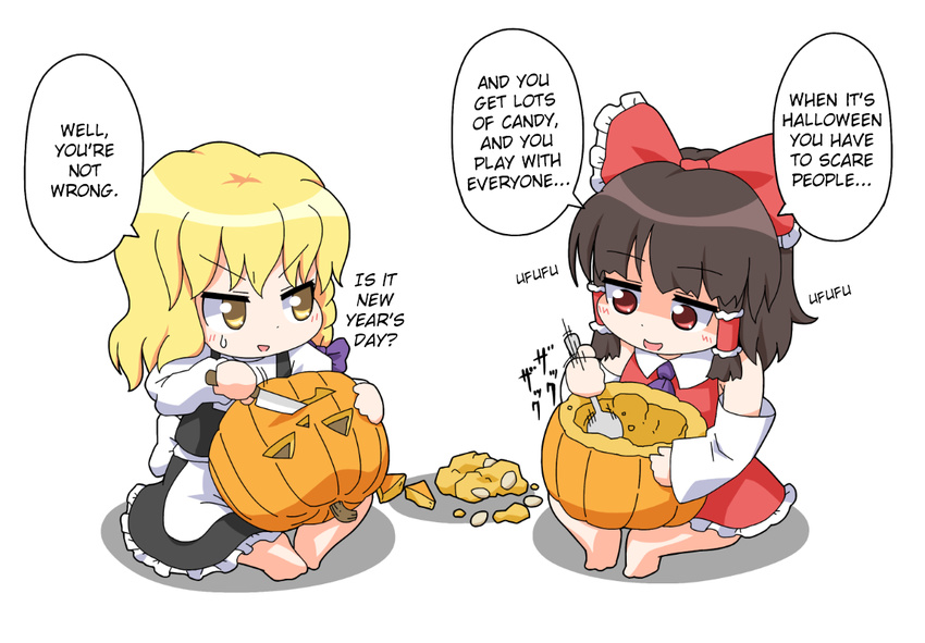 2girls apron ascot bare_shoulders barefoot black_skirt black_vest blush bow braid brown_hair chibi detached_sleeves eyebrows eyebrows_visible_through_hair food frilled_bow frills full_body hair_bow hair_tubes hakurei_reimu halloween hard_translated kirisame_marisa knife long_hair long_sleeves looking_down motion_lines multiple_girls ponytail pumpkin red_bow red_eyes red_vest shaded_face sidelocks simple_background single_braid sitting skirt speech_bubble sweatdrop sweater talking text touhou translated unachika vegetable waist_apron white_background wing_collar