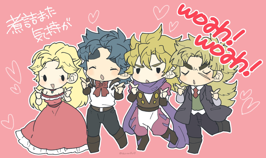 3boys bare_shoulders blonde_hair blue_hair boots brown_footwear choker closed_eyes dio_brando dress erina_pendleton facial_scar fang heart highres index_finger_raised jojo_no_kimyou_na_bouken jonathan_joestar leg_up long_hair multiple_boys neck_ribbon open_mouth phantom_blood pink_background purple_scarf red_dress ribbon robert_eo_speedwagon scar scar_on_cheek scarf shiro_(tiotolv) smile translation_request twitter_username