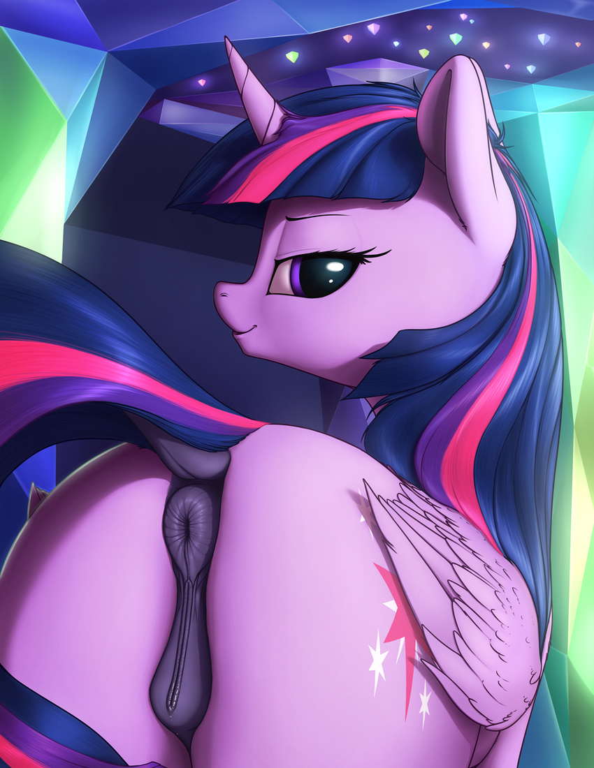 2016 anatomically_correct anatomically_correct_pussy animal_genitalia animal_pussy anus butt cutie_mark dock equine equine_pussy feathered_wings feathers female feral friendship_is_magic hair half-closed_eyes hi_res horn looking_at_viewer mammal my_little_pony purple_feathers pussy rear_view shydale solo twilight_sparkle_(mlp) winged_unicorn wings