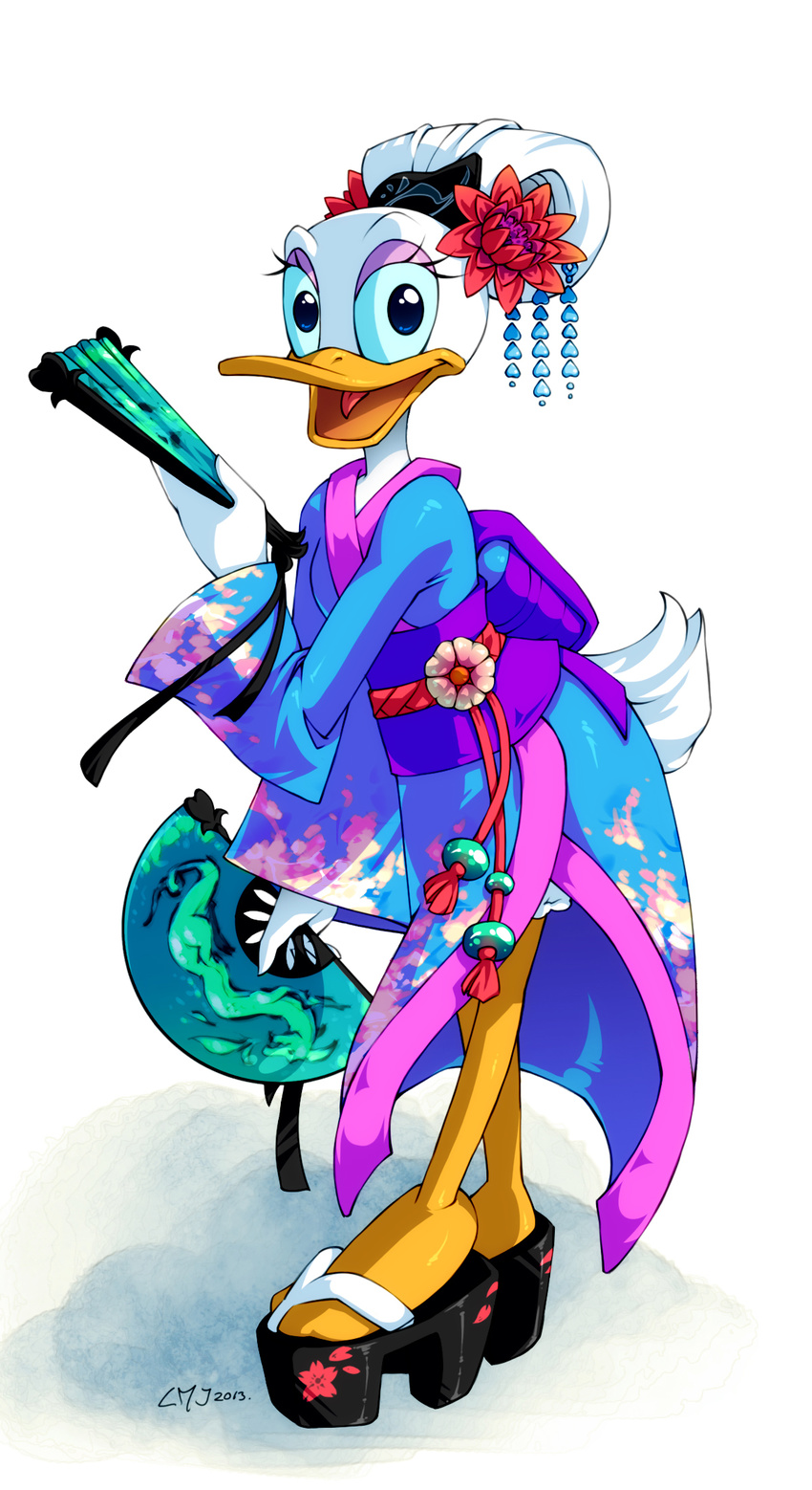 2013 anthro avian beak bird blue_eyes clothed clothing daisy_duck disney duck female flower footwear hair hi_res japanese_clothing katiramoon kimono looking_at_viewer makeup open_mouth plant sandals short_hair smile solo standing tongue white_hair white_skin yellow_skin