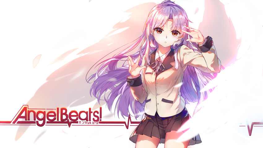 angel_beats! baisi_shaonian blazer brown_skirt contrapposto copyright_name highres jacket long_hair looking_at_viewer pleated_skirt red_eyes school_uniform silver_hair skirt solo standing tenshi_(angel_beats!) white_wings wings