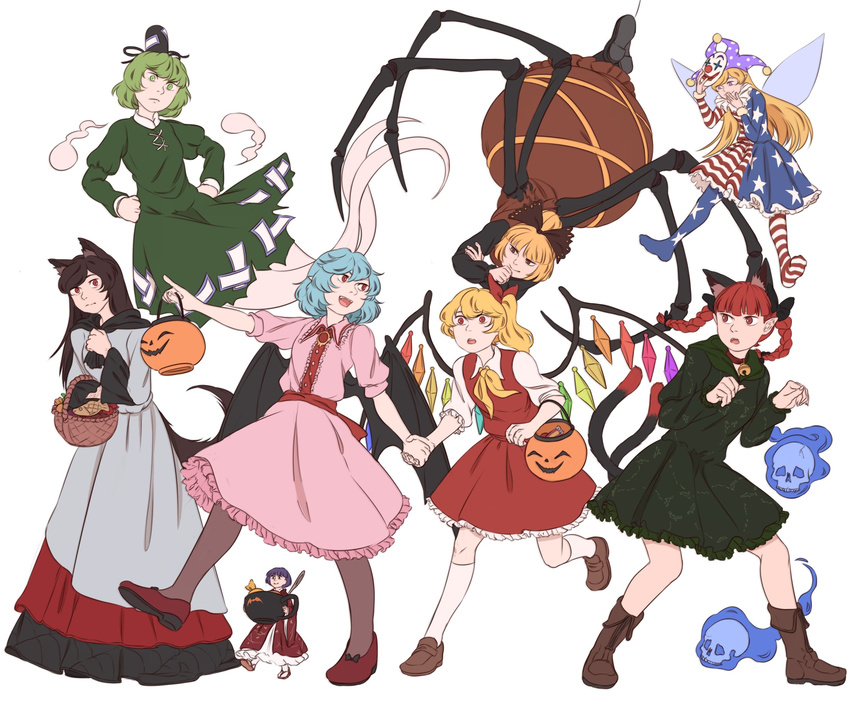 american_flag_dress american_flag_legwear animal_ears basket bat_wings bell black_bow black_legwear blonde_hair blue_hair boots bow bowl braid brown_bow brown_dress brown_eyes brown_footwear brown_hair cat_ears cat_tail clownpiece collar dress fairy_wings flaming_skull flandre_scarlet food frilled_dress frills gem ghost ghost_tail green_dress green_eyes green_hair hair_bow halloween hat highres hitodama holding_hands imaizumi_kagerou insect_girl jack-o'-lantern japanese_clothes jester_cap jingle_bell juliet_sleeves kaenbyou_rin kimono kurodani_yamame long_hair long_sleeves mefomefo minigirl multiple_girls multiple_tails neckerchief needle open_mouth pantyhose pink_dress pointing pointy_ears polka_dot_hat puffy_short_sleeves puffy_sleeves purple_eyes purple_hair purple_hat red_bow red_dress red_eyes red_footwear red_hair red_kimono remilia_scarlet sash shoes short_hair short_sleeves side_ponytail simple_background skull smile soga_no_tojiko spider_girl spider_legs sukuna_shinmyoumaru tail taiyaki tate_eboshi touhou twin_braids two_tails wagashi walking white_background white_dress white_legwear wide_sleeves wings wolf_ears wolf_tail yellow_neckwear