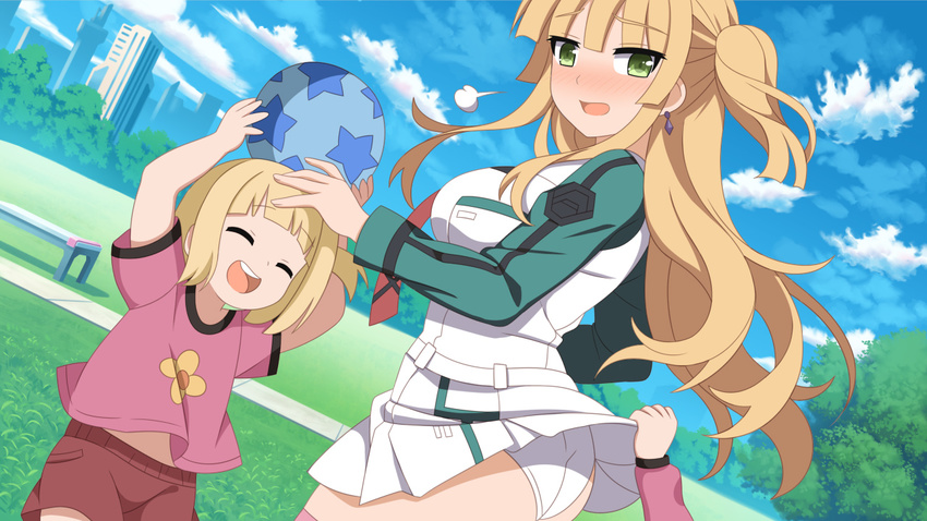 2girls ^_^ artist_request ball bangs blonde_hair blush character_request cloud dutch_angle embarrassed eyes_closed forced_exposure game_cg green_eyes happy long_hair looking_at_viewer multiple_girls outdoors panties park short_hair skirt_lift sky smile source_request t-shirt tagme white_panties