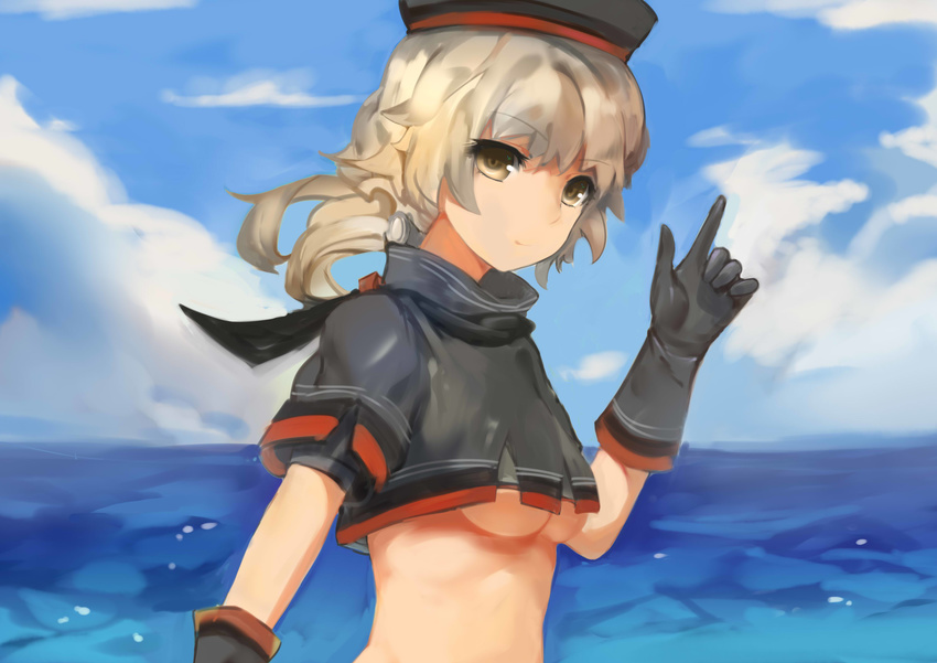 absurdres black_gloves black_hat blue_background blue_sky breasts brown_eyes cloud cloudy_sky crop_top day eyebrows eyebrows_visible_through_hair gloves hat highres looking_at_viewer mahan_(zhan_jian_shao_nyu) medium_breasts midriff ocean pointing pointing_up silver_hair sky solo underboob upper_body ze_(wzfnn001) zhan_jian_shao_nyu