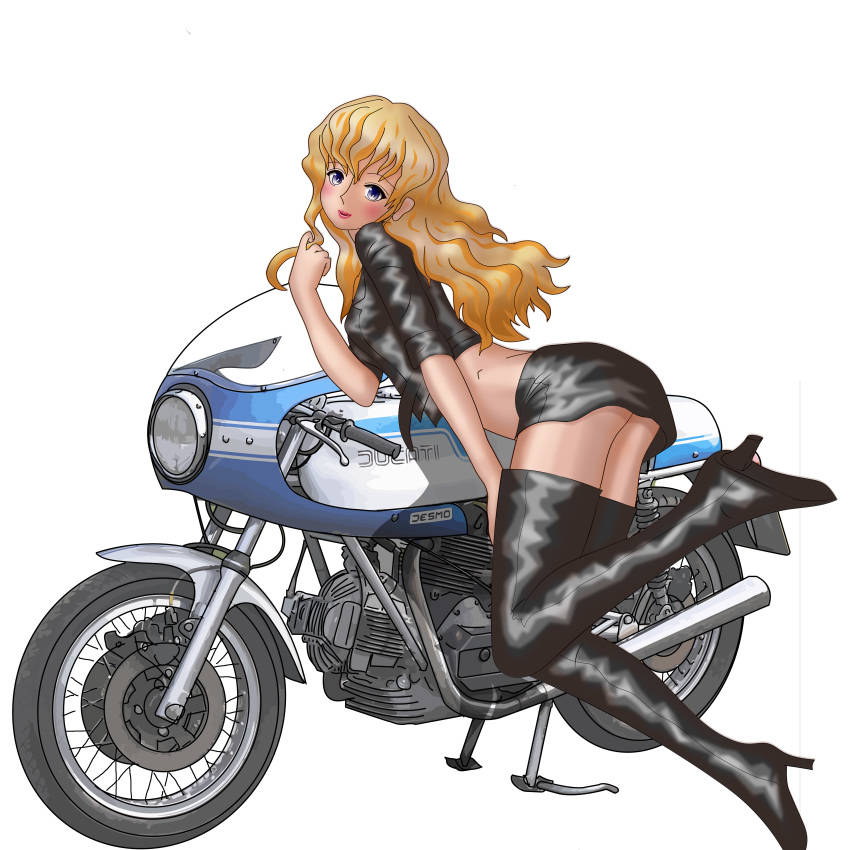 1girl absurdres biker_clothes bikesuit blonde_hair boots curly_hair ducati highres knee_boots long_hair purple_eyes thigh_boots thighhighs yuta0toku