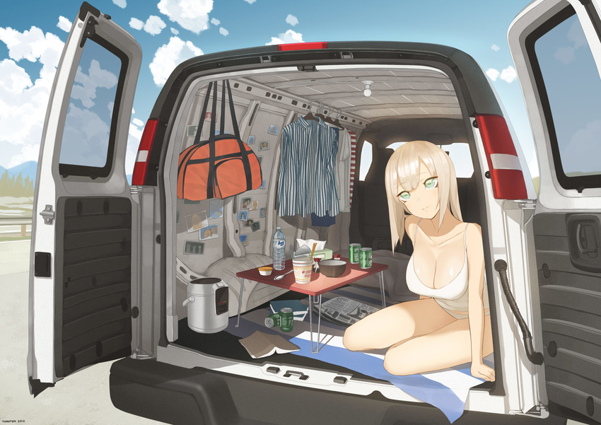 2016 arm_support artist_name bag bangs bare_arms bare_legs beer_can blanket blonde_hair blue_sky book bottle breasts camisole can car car_interior chevrolet chopsticks cleavage closed_mouth clothes_hanger clothes_removed cloud collarbone collared_shirt cup day duffel_bag eyeliner green_eyes ground_vehicle head_tilt highres homeless instant_ramen large_breasts long_hair looking_at_viewer makeup mat motor_vehicle mug newspaper no_pants on_floor open_book original panties photo_(object) road sauce shade shirt sitting sky smile solo soy_sauce spaghetti_strap spoon street striped striped_shirt table throtem tissue_box underwear underwear_only van vehicle_interior vertical-striped_shirt vertical_stripes water_boiler water_bottle white_panties yokozuwari