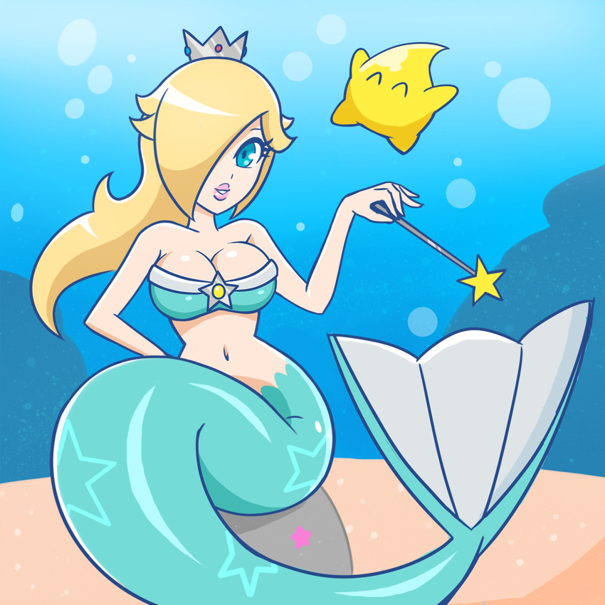 1girl adapted_costume blonde_hair blue_eyes breasts chiko_(mario) crown lips mermaid monster_girl rosetta_(mario) super_mario_bros. underwater wand