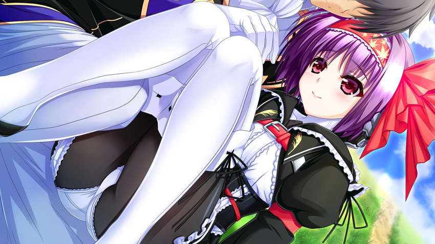 1girl amasaka_takashi ass blush game_cg gloves hair_ornament hairband jpeg_artifacts juliet_sleeves long_sleeves panties pantyhose puffy_sleeves purple_eyes purple_hair red_eyes short_hair skirt smile thighhighs underwear unionism_quartet