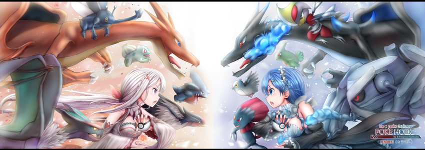 bad_id bad_pixiv_id bisharp blue_eyes blue_hair braid breasts bulbasaur character_request charizard crossover crown_braid detached_sleeves dress emilia_(re:zero) flower gen_1_pokemon gen_2_pokemon gen_3_pokemon gen_4_pokemon gen_5_pokemon gen_6_pokemon gible ginhaha hair_flower hair_ornament hair_over_one_eye hair_ribbon headdress heracross large_breasts larvitar long_hair looking_at_another maid mega_charizard_x mega_charizard_y mega_pokemon metagross multiple_girls noivern pidove pleated_dress poke_ball pokemon pokemon_(creature) purple_eyes re:zero_kara_hajimeru_isekai_seikatsu rem_(re:zero) ribbon short_hair silver_hair swellow tied_hair weavile white_dress wide_sleeves x_hair_ornament