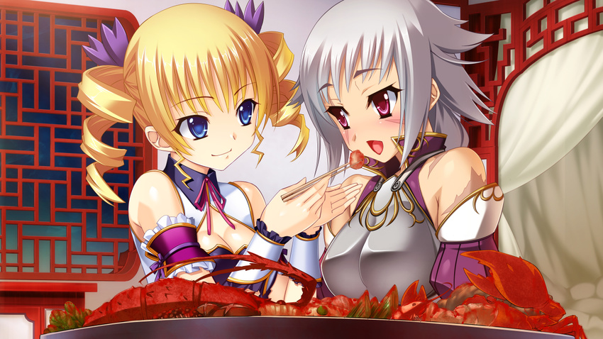 architecture arm_cuffs bangs bare_shoulders bed bedroom blonde_hair blue_eyes blush bow breastplate breasts buttons chinese_clothes chopsticks cleavage cleavage_cutout curtains drill_hair east_asian_architecture eating eye_contact eyebrows eyebrows_visible_through_hair feeding food frills gakushin game_cg gold hair_ornament head_tilt high_collar holding indoors kantaka katagiri_hinata koihime_enbu koihime_musou lattice lobster lobster_claw looking_at_another medium_breasts multiple_girls night non-web_source open_mouth pillow pink_ribbon plate purple_eyes purple_ribbon ribbon ribbon_trim scar scar_across_eye short_hair silver_hair sleeveless small_breasts smile sousou tongue twin_drills twintails upper_body vegetable wall wallpaper window wrist_cuffs