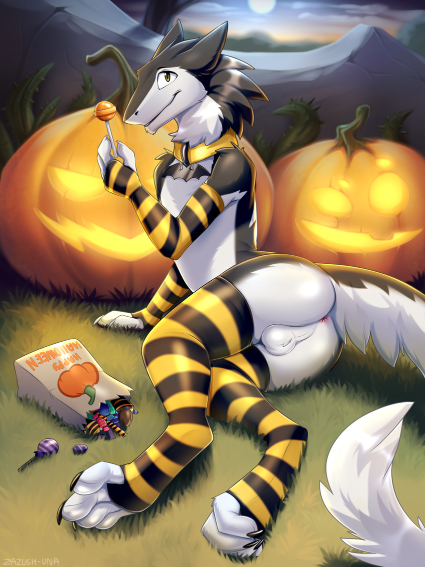 2016 4_toes absurd_res anthro anus arm_support arm_warmers backsack balls black_fur butt candy claws clothing collar detailed_background digital_media_(artwork) digitigrade food fruit fur girly halloween hi_res hindpaw holding_object holidays jack_o'_lantern leg_warmers legwear lollipop looking_at_viewer lying male mammal moon mostly_nude multicolored_fur nature night on_side outside paws perineum pumpkin sergal sky socks solo striped_armwear striped_legwear stripes thigh_highs toe_claws toeless_socks toes two_tone_fur white_fur yellow_eyes zazush-una