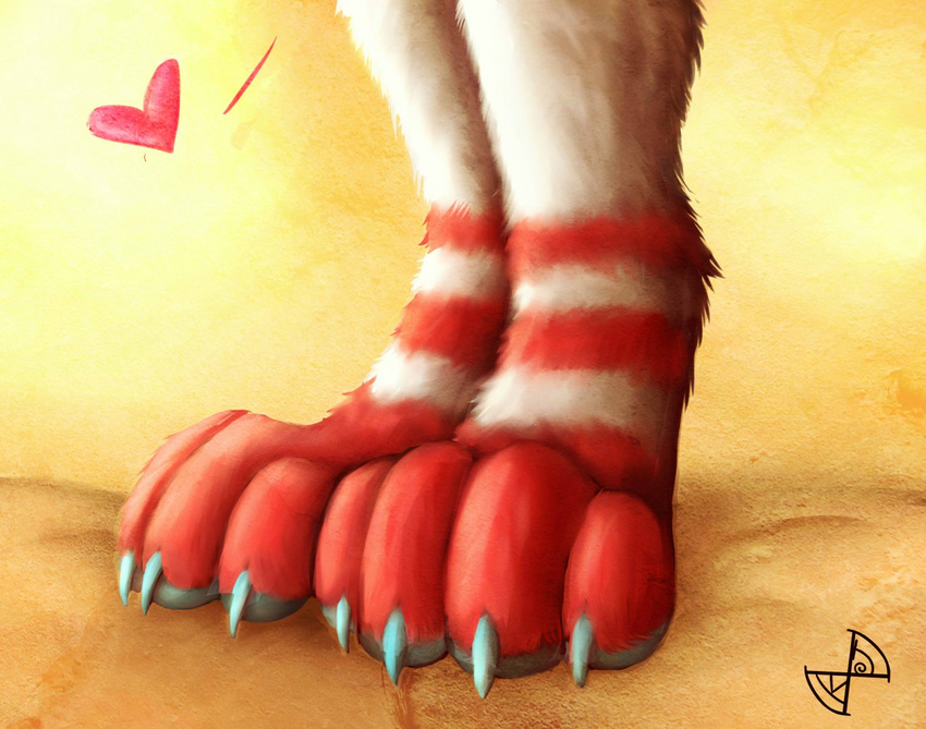 &lt;3 4_toes ambiguous_gender ambiguous_species black_pawpads blue_claws claws digital_media_(artwork) digitigrade feet foot_focus fur hi_res kaotikjuju mammal multicolored_fur pawpads paws rakurim red_fur solo toe_claws toes two_tone_fur white_fur