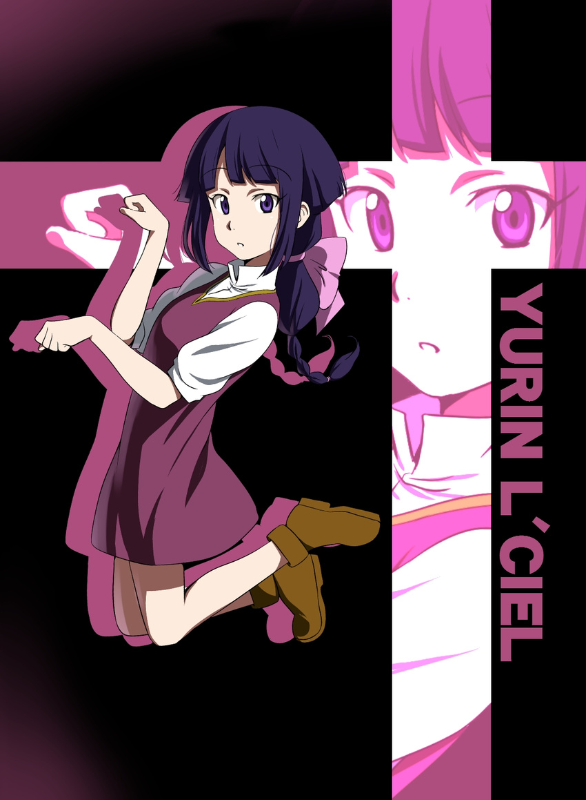 ankle_boots boots character_name eyebrows eyebrows_visible_through_hair gundam gundam_age hair_ribbon highres ikari_manatsu long_hair paw_pose purple_eyes purple_hair purple_skirt ribbon skirt solo yurin_leciel