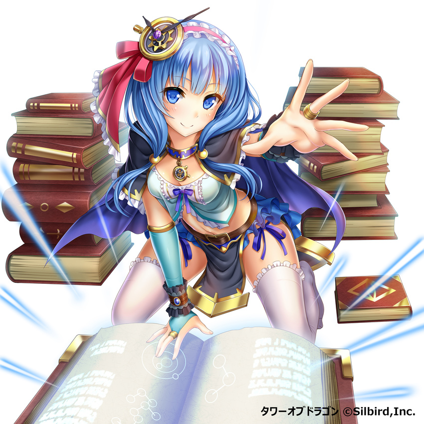 absurdres blue_eyes blue_hair book breasts cleavage dansa hair_ornament hair_ribbon highres kneeling long_hair looking_at_viewer magic medium_breasts midriff navel purple_ribbon red_ribbon ribbon simple_background solo tower_of_dragon white_background wrist_cuffs