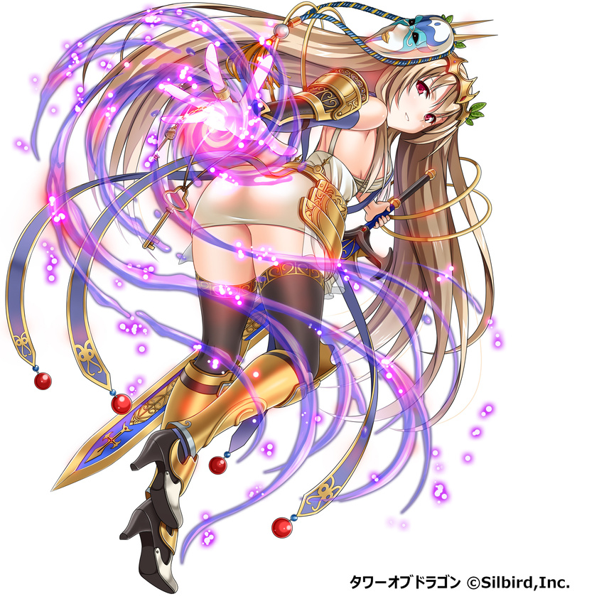 absurdres black_legwear blue_eyes breasts brown_hair dansa hair_ornament highres holding holding_sword holding_weapon long_hair looking_at_viewer magic medium_breasts sideboob simple_background smile solo sword thighhighs tower_of_dragon weapon white_background