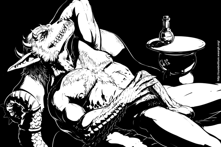 anthro armpit_hair balls beverage biceps black_background body_hair cureboltium demon finger_in_foreskin foreskin_play hair hand_behind_head male monochrome nude penis reclining simple_background solo table uncut vein veiny_penis