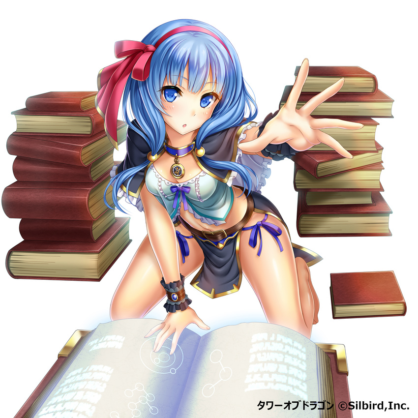 absurdres blue_eyes blue_hair book breasts cleavage dansa hair_ornament hair_ribbon highres kneeling long_hair looking_at_viewer medium_breasts midriff navel purple_ribbon red_ribbon ribbon simple_background solo tower_of_dragon white_background wrist_cuffs