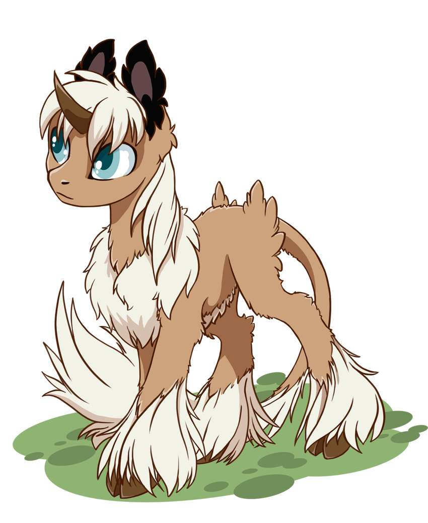 alpha_channel ashley-arctic-fox blue_eyes brown_fur equine female feral fluffy fur hooves horn mammal nude simple_background solo standing tan_fur transparent_background unicorn