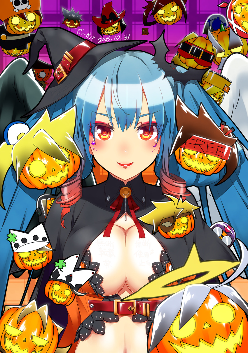 adapted_costume annotation_request asymmetrical_wings blue_hair breasts cameo cleavage cleavage_cutout dizzy eyeshadow guilty_gear guilty_gear_xrd halloween hat heart heart-shaped_pupils highres jack-o'-lantern large_breasts lipstick long_hair makeup midriff mini_hat mini_witch_hat navel orochi_(namashiba) partially_annotated red_eyes ringed_eyes solo symbol-shaped_pupils twintails wings witch_hat