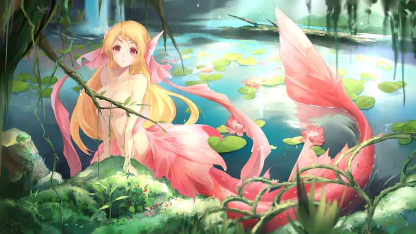 2016 :o afloat areola_slip areolae arm_support bangs blonde_hair blurry breasts bzerox collarbone convenient_censoring dated depth_of_field facial_mark flower frog hair_between_eyes hair_strand head_fins highres jungle lake log long_hair looking_at_viewer lotus medium_breasts mermaid monster_girl moss nature navel nude original partially_submerged pink_flower plant red_eyes rock signature solo stomach surprised tree v-shaped_eyebrows vines wallpaper water waterfall wet
