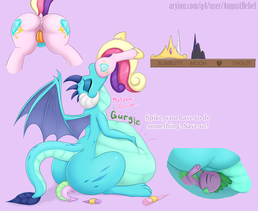 augustbebel belly big_belly blue_scales claws cutie_mark dragon english_text equine fangs feathered_wings feathers female friendship_is_magic green_eyes group hair horn male male/female mammal membranous_wings multicolored_hair my_little_pony oral_vore overweight princess_cadance_(mlp) princess_ember_(mlp) pussy red_eyes reptile scales scalie simple_background smile spike_(mlp) swallowing text thick_thighs tongue tongue_out vore winged_unicorn wings