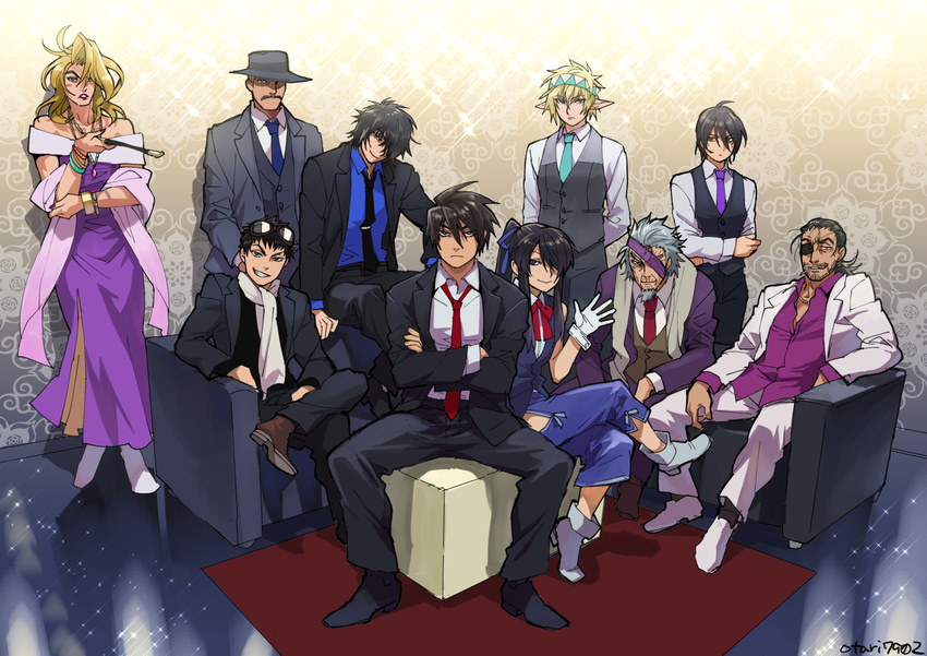 black_hair butch_cassidy crossdressing dark_skin dark_skinned_male drifters eyepatch grin hannibal_barca indesign kanno_naoshi long_hair looking_at_viewer male_focus multiple_boys nasu_no_yoichi oda_nobunaga_(drifters) one_eye_closed red_eyes saint-germi shimazu_toyohisa short_hair smile sundance_kid white_hair