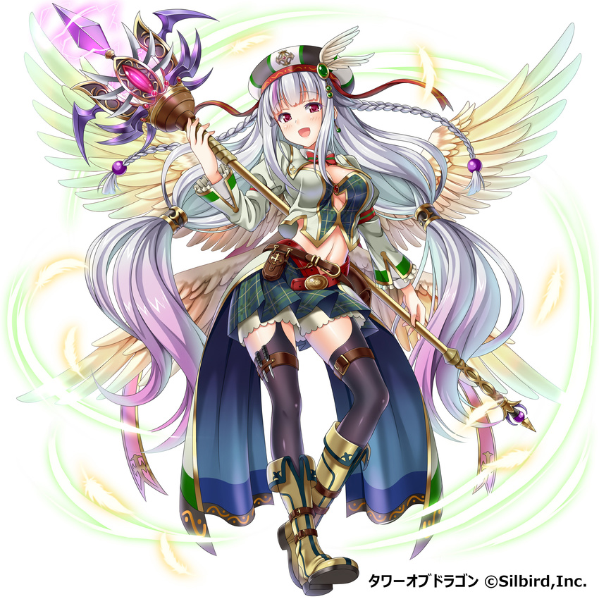 absurdres black_legwear breasts cleavage dansa earrings feathered_wings garter_straps green_skirt hat highres holding holding_weapon jewelry long_hair looking_at_viewer medium_breasts midriff navel pleated_skirt red_eyes silver_hair simple_background skirt solo staff thighhighs tower_of_dragon weapon white_background wings