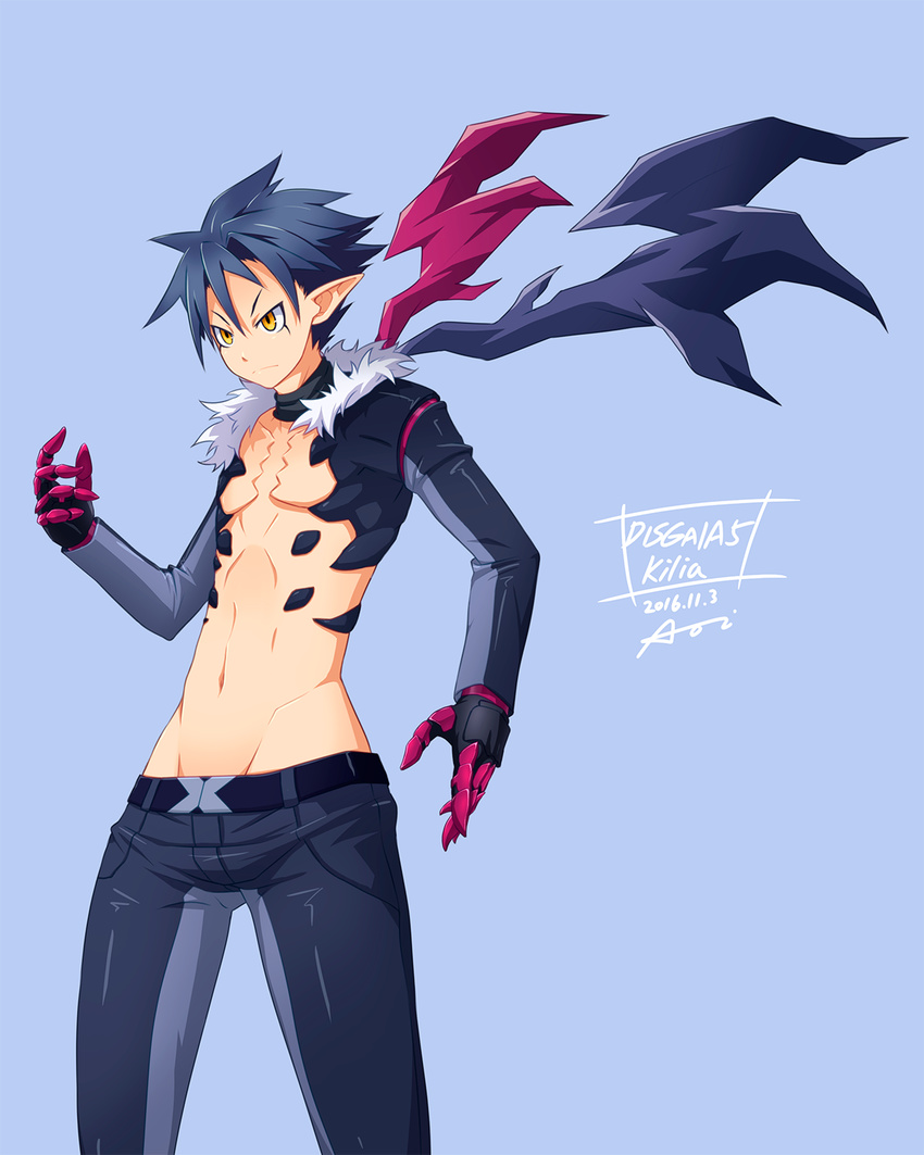 2016 aoi_taishi bad_id bad_pixiv_id belt blue blue_background blue_hair blue_pants character_name choker copyright_name cowboy_shot cropped_jacket dated disgaea frown gloves highres killia_(disgaea) makai_senki_disgaea_5 male_focus pants pointy_ears shirtless signature solo typo wings yellow_eyes