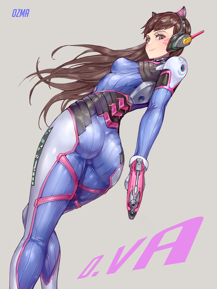 acronym alternate_eye_color animal_ears arm_behind_back artist_name ass axent_wear bangs bodysuit boots bracer breasts brown_hair cat_ear_headphones cat_ears character_name closed_mouth d.va_(overwatch) eyelashes facepaint facial_mark feet_out_of_frame from_behind gloves grey_background gun handgun headphones highres holding holding_gun holding_weapon knees_together_feet_apart long_hair long_sleeves looking_back overwatch ozma pauldrons pilot_suit pink_lips pointing pointing_at_viewer purple_eyes ribbed_bodysuit shoulder_pads simple_background skin_tight skindentation small_breasts smile solo standing standing_on_one_leg swept_bangs thigh_boots thigh_strap thighhighs turtleneck twisted_torso weapon whisker_markings white_footwear white_gloves