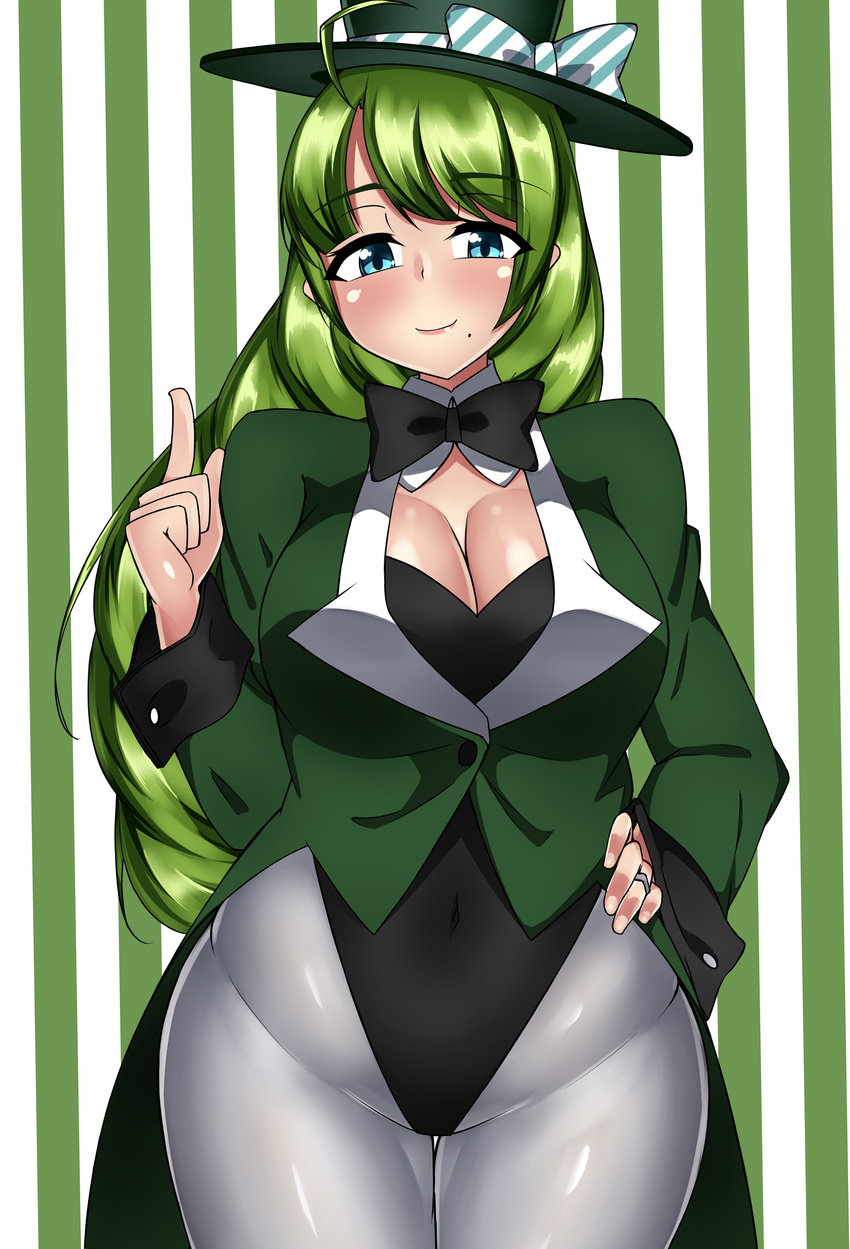 absurdres black_leotard blue_eyes bow bowtie braid breasts cleavage detached_collar eyebrows eyebrows_visible_through_hair green_hair green_jacket grey_legwear hand_on_hip hat highres jacket jewelry kantai_collection large_breasts leotard leotard_under_clothes long_hair magician mole mole_under_mouth navel pantyhose playboy_bunny_leotard ribbon ring ryokutoosu single_braid smile solo striped striped_background top_hat vertical-striped_background vertical_stripes very_long_hair wedding_band wide_hips yuugumo_(kantai_collection)