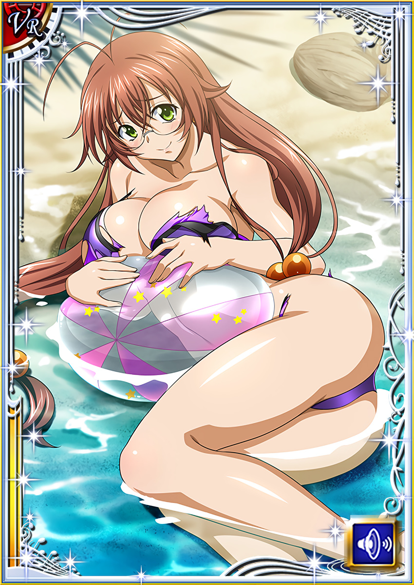 1girl ass beach bikini bra breasts brown_hair cleavage glasses green_eyes ikkitousen long_hair lying panties ryuubi_gentoku smile solo water