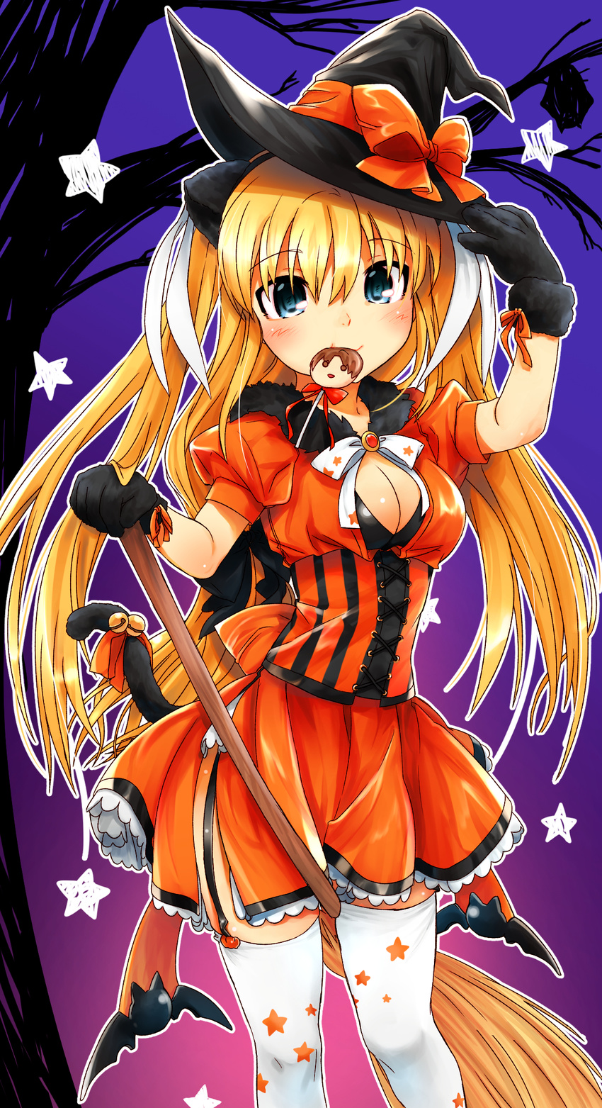 animal_ears bat bell black_gloves blonde_hair breasts candy cat_ears cat_tail cleavage cleavage_cutout dress food gloves halloween hat highres jingle_bell little_busters! lollipop long_hair medium_breasts natsuoto_rito orange_dress paw_gloves paws solo standing star tail thighhighs tokido_saya tree white_legwear witch_hat