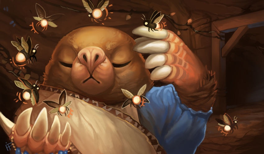 anthro claws eyes_closed feral firefeathers firefly flying front_view half-length_portrait humor magic_the_gathering magic_user mammal mole parody portrait pun rope signature underground