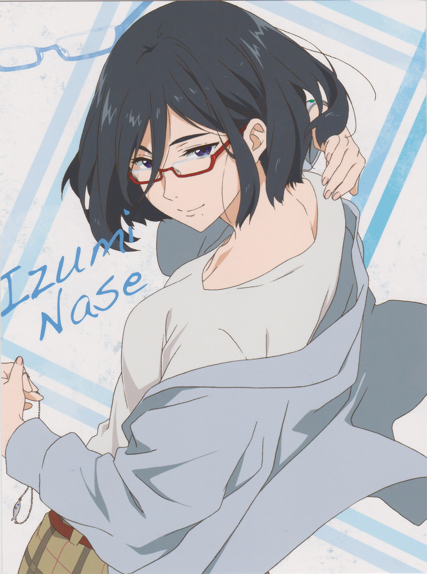 absurdres belt black_hair blue_eyes character_name glasses highres jewelry jewelry_removed kyoukai_no_kanata looking_at_viewer mole mole_under_mouth nape nase_izumi necklace necklace_removed official_art plaid plaid_skirt red-framed_eyewear scan short_hair simple_background skirt smile solo