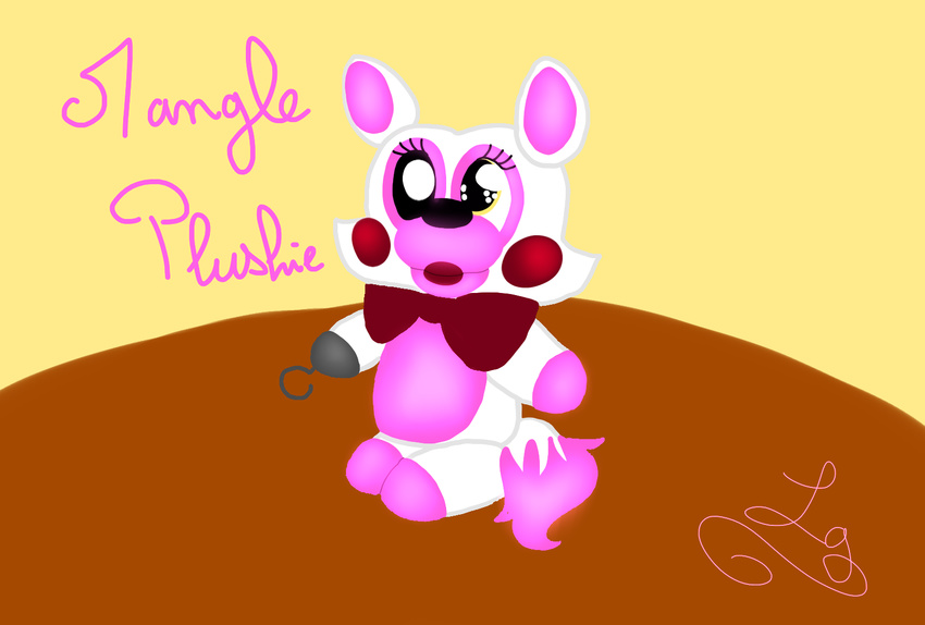 2016 ambiguous_gender animatronic anthro black_eyes black_nose bow_tie canine cute dashiathebunny eyelashes five_nights_at_freddy's five_nights_at_freddy's_2 fox fur hook light lipstick machine makeup mammal mangle_(fnaf) pink_fur plushie robot signature simple_background table toy_foxy_(fnaf) video_games white_fur yellow_background yellow_eyes