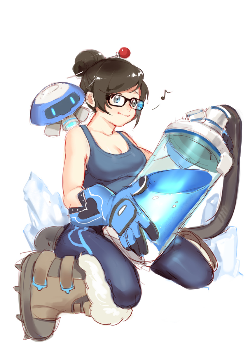 absurdres black-framed_eyewear blue_shirt breasts brown_eyes brown_hair cleavage collarbone drone eighth_note floating full_body fur-trimmed_boots fur_trim glasses gloves hair_bun hair_ornament hair_stick highres medium_breasts mei_(overwatch) musical_note overwatch robot shirt short_hair shuaiaba simple_background sketch snowball_(overwatch) solo tank_(container) tank_top white_background