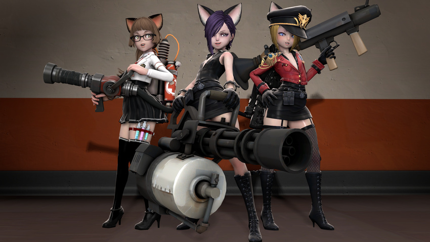 3d 3girls animal_ears blonde_hair blue_eyes boots brown_hair cosplay elin_(tera) female flat_chest green_eyes hat high_heel_boots high_heels jarski-sfm multiple_girls purple_eyes purple_hair skirt small_breasts source_filmmaker tagme team_fortress_2 tera_online the_heavy the_heavy_(cosplay) the_medic the_medic_(cosplay) the_soldier the_soldier_(cosplay) thighhighs