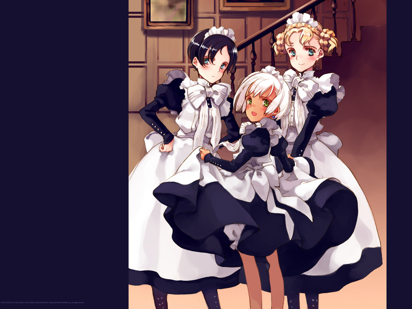 3girls artist_name banister blonde_hair blue_eyes blush green_eyes highres littlewitch maid maid_headdress multiple_girls ooyari_ashito open_mouth pillarboxed stairs white_hair