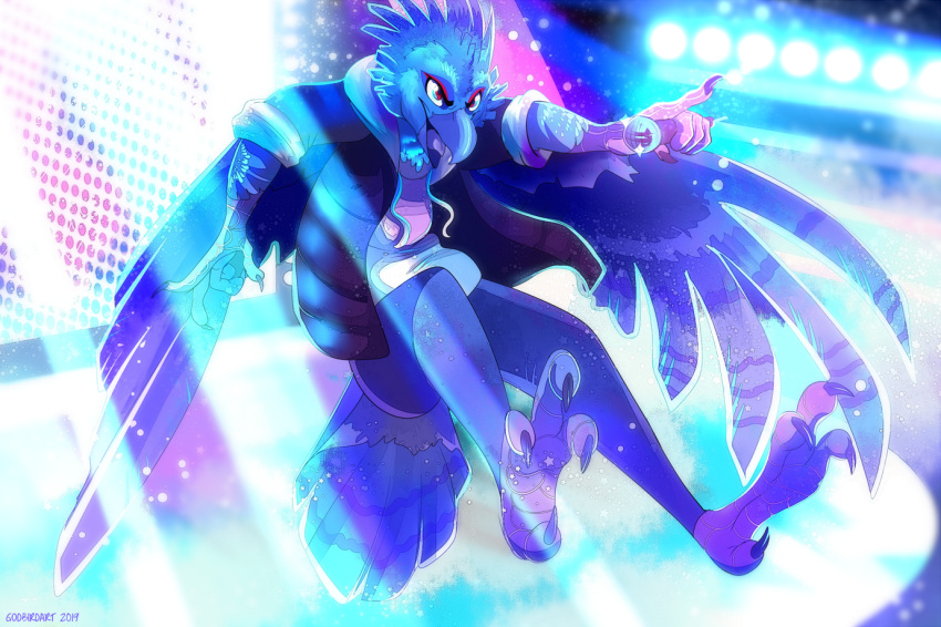 aiareck_arpia anthro avian bird blue_feathers clothed clothing digital_media_(artwork) eagle feathers godbirdart jumping microphone pointing red_eyes stage stage_lights