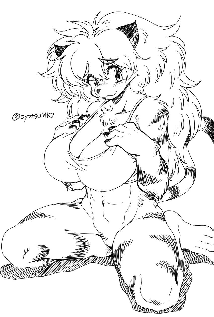 2016 abs anthro big_breasts black_and_white blush bottomless breasts cleavage clothed clothing featureless_crotch feline female fuzzy hair halter_top hand_on_breast long_hair mammal monochrome muscular muscular_female oyatsu simple_background sitting smile solo tiger white_background