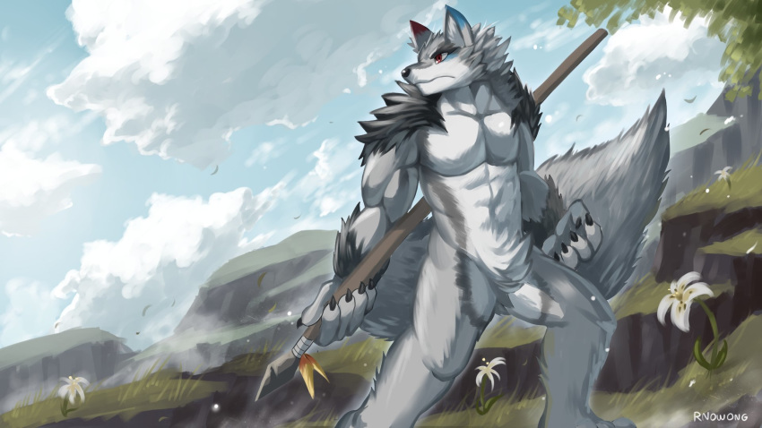 2019 anthro canine digital_media_(artwork) male mammal melee_weapon mokarakom muscular rnowong solo tribal weapon wolf